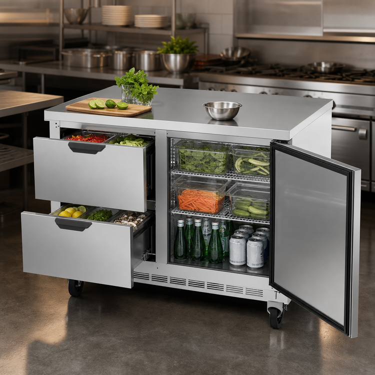 Product image #4 for Beverage-Air 48-Inch Two-Section Worktop Refrigerator with 2 Drawers and 1 Door, Flat Top