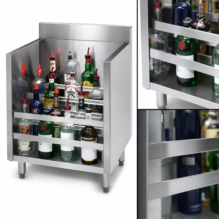 Product image #4 for Advance Tabco Underbar Basics Five-Step Freestanding Stainless Steel Liquor Bottle Display Unit, 18-Inch Wide, 20-Bottle Capacity