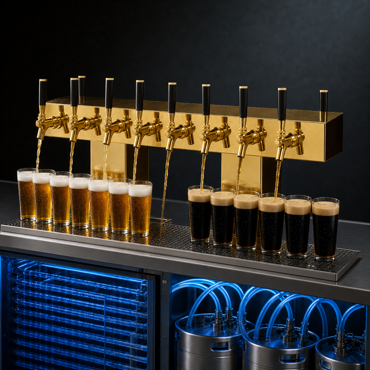 Product image #4 for Perlick Back-to-Back Bridge Tee Draft Beer Tower, Extra High, Countertop, Glycol-Cooled, 36 Faucets, Brass Finish