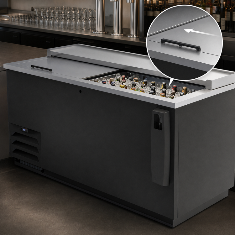 Product image #4 for Beverage Air Frosty Brew 65-Inch Horizontal Deep Well Bottle Cooler with Sliding Lids, 18.5 Cu. Ft., Black Painted Steel