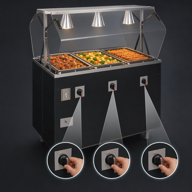 Product image #4 for Vollrath 2-Series 46-Inch 3-Well Portable Hot Food Station with Enclosed Base and Lighted Buffet Breath Guard, Black