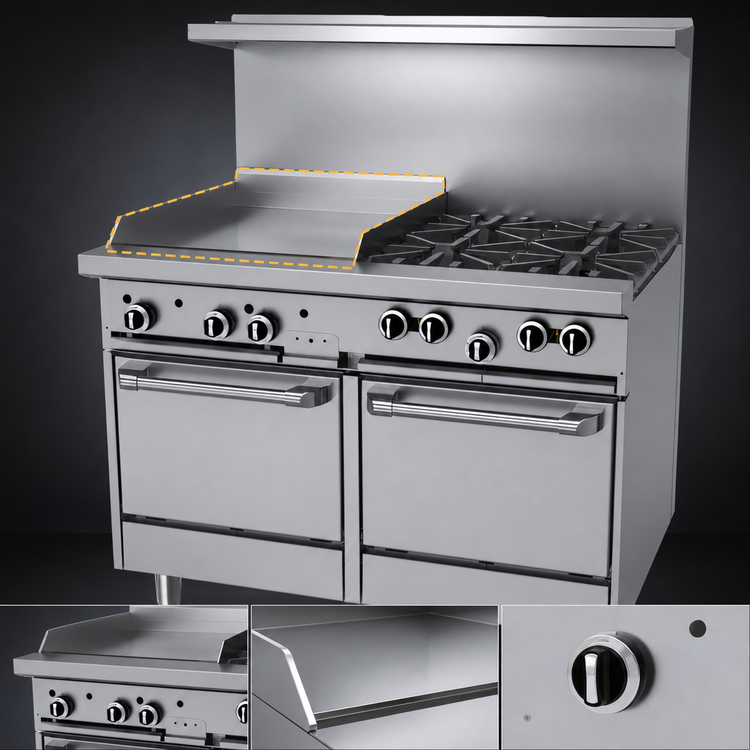 Product image #4 for Garland G Starfire Pro 48-Inch Gas Restaurant Range with 4 Open Burners, 24-Inch Griddle, and 2 Space-Saver Ovens