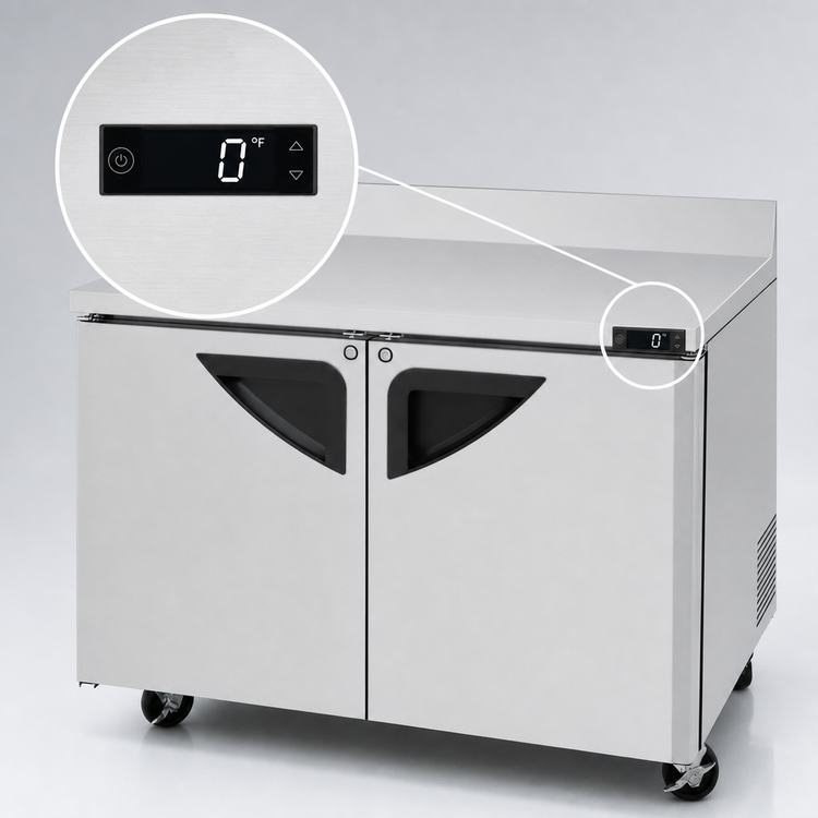 Product image #4 for Turbo Air Super Deluxe 48-Inch Two-Section Worktop Freezer with Stainless Steel Doors and Self-Cleaning Condenser