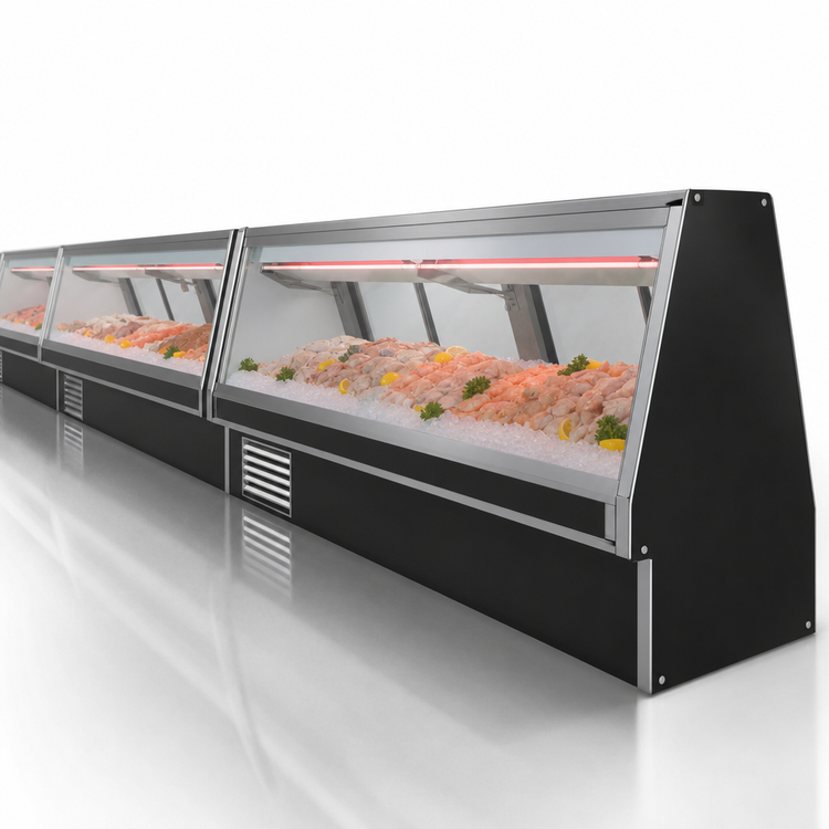 Product image #4 for Howard-McCray 34E Series Double Duty Self-Contained Endless Design Fish and Poultry Service Case, 124-1/2 Inches, Black Exterior/White Interior, LED