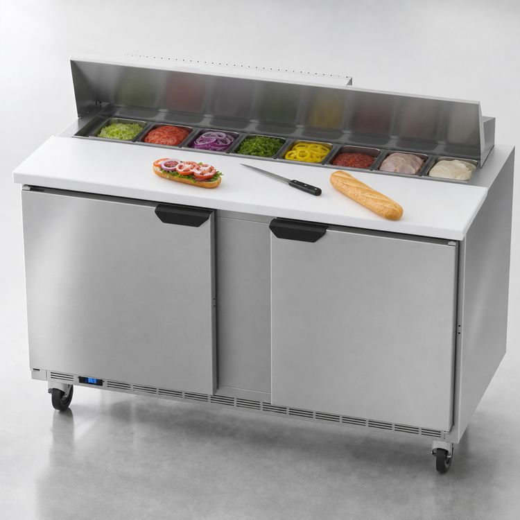 Product image #5 for Beverage-Air SPE60HC-08 Two-Section Sandwich Prep Table Refrigerator, 60-Inch, 8-Pan Top
