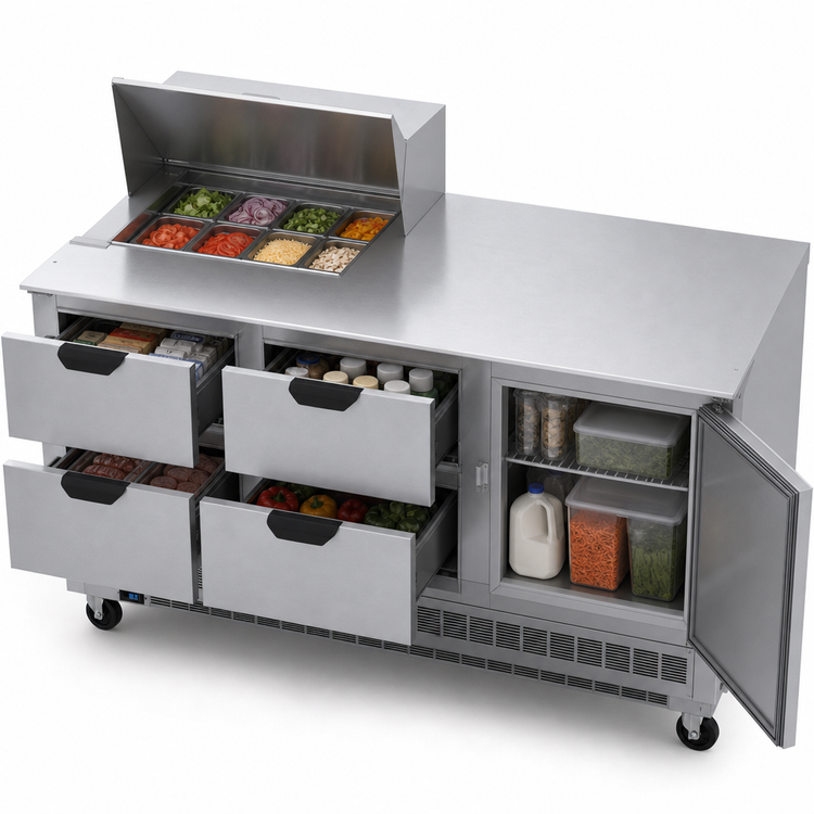 Product image #5 for Beverage-Air 72-Inch Three-Section Mega Top Refrigerated Prep Table with 4 Drawers, 1 Door, and 12-Pan Top
