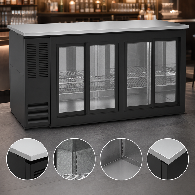 Product image #4 for Beverage-Air 48-Inch Two-Section Pass-Thru Back Bar Refrigerator with 4 Locking Sliding Glass Doors, Black Exterior, Stainless Steel Top