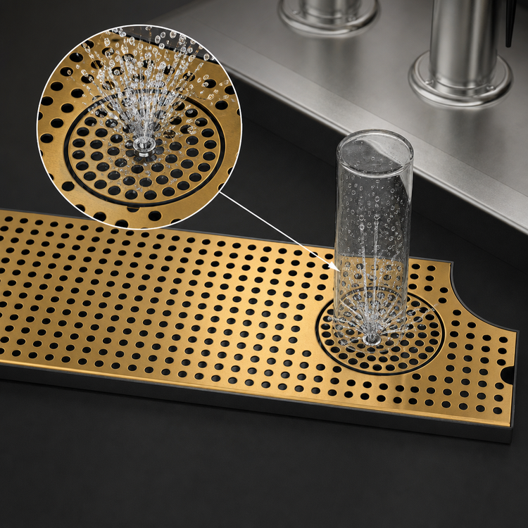 Product image #4 for 52-Inch Surface Mount Drip Tray Trough with Integral Glass Rinser, PVD Brass Screen, and Metropolis H Draft Tower Cutout