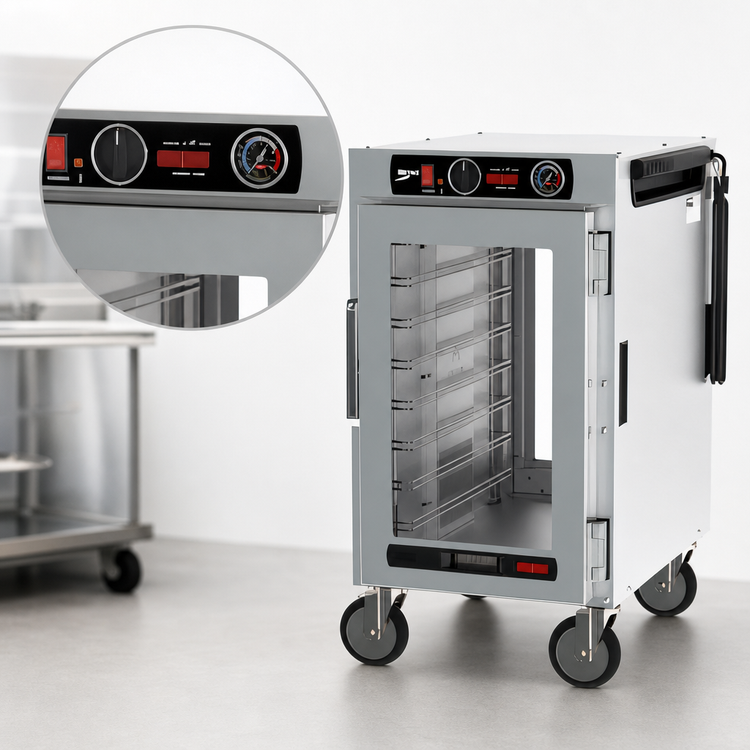 Product image #5 for Metro HotBlox Narrow 8-Pan Half-Height Mobile Pass-Thru Insulated Holding Cabinet with Clear Front and Rear Doors