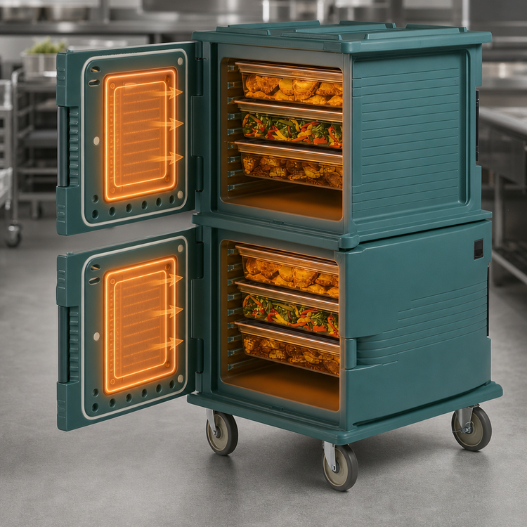 Product image #5 for Cambro Ultra Camcart Heated Front-Loading GN 1/1 Food Pan Carrier, 2-Compartment, 110V, Granite Green