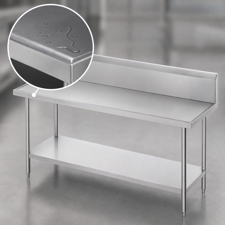 Product image #4 for Advance Tabco VKG-369 108 Inch 14 Gauge 304 Stainless Steel Work Table with 10 Inch Backsplash and Galvanized Undershelf