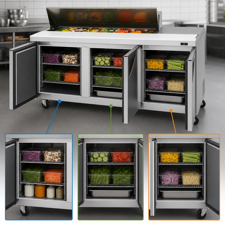 Product image #4 for Turbo Air Super Deluxe 72-5/8-Inch Three-Section Sandwich/Salad Prep Table with 12-Pan Opening