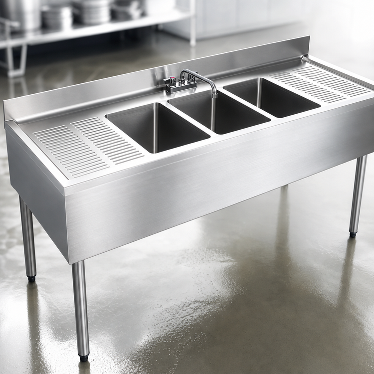 Product image #4 for BK Resources 96-Inch Three-Compartment Stainless Steel Underbar Sink with Left and Right Drainboards and Faucet
