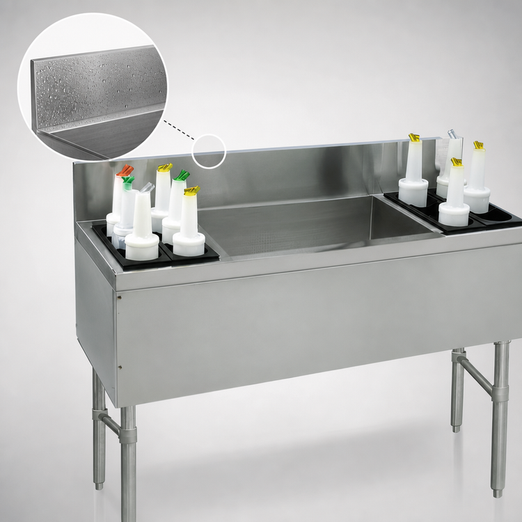 Product image #4 for Advance Tabco Prestige 48-Inch Stainless Steel Underbar Ice Chest with Dual Bottle Racks and 7-Inch Backsplash