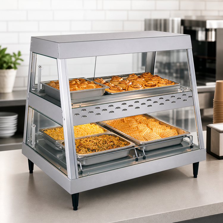 Product image #4 for Hatco Glo-Ray® Full-Service Countertop Heated Display Case, See-Thru, Straight Glass Front, Dual Pan Shelf