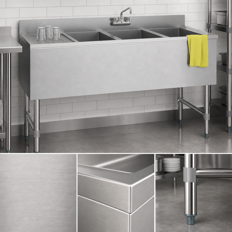 Product image #5 for KoolMore 48-Inch Commercial 3-Compartment Underbar Sink with Left Drainboard, 304 Stainless Steel