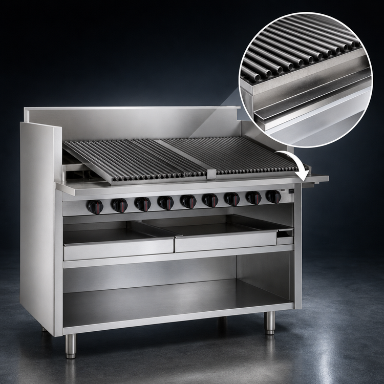 Product image #4 for Magikitch'n FM-RMB-624 24 Inch Floor Model Gas Radiant Charbroiler with Tilt Round Rod Grate and Open Cabinet Base