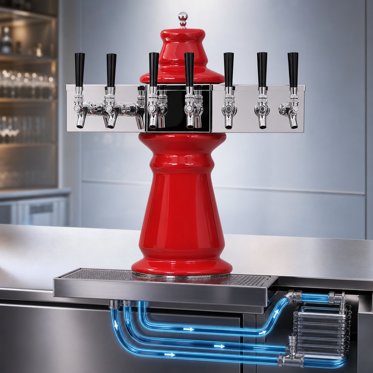 Product image #4 for Glastender Vienna 8-Faucet Glycol-Cooled Draft Dispensing Tower with Ceramic Column and Surface-Mount Drain Pan