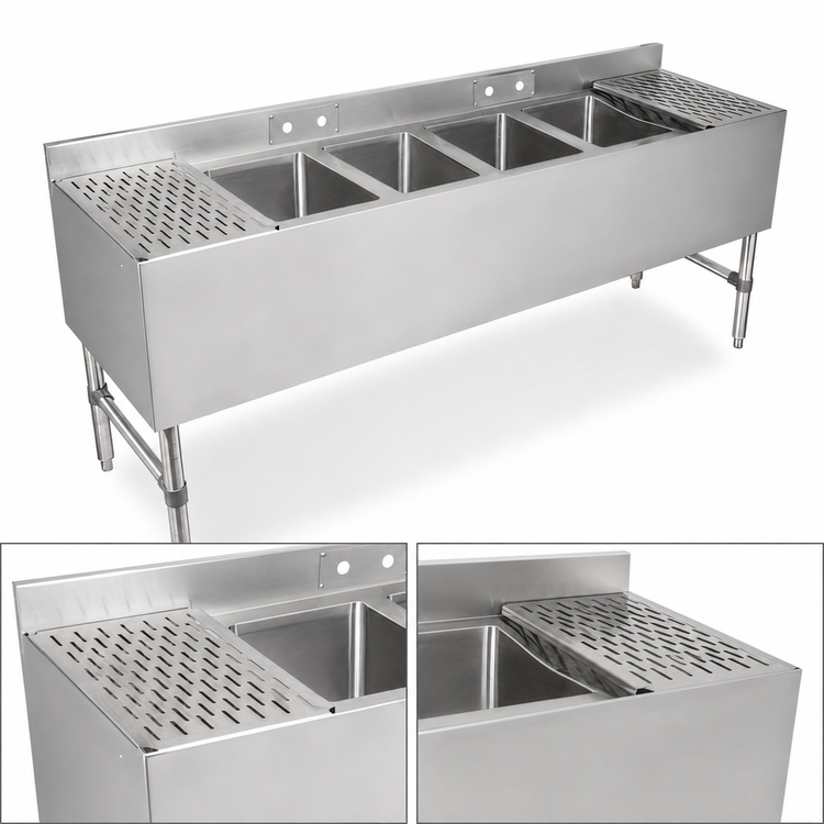 Product image #4 for John Boos Slim-Line 4-Compartment Underbar Sink Unit with Left and Right 12-Inch Drainboards, 72-Inch Stainless Steel