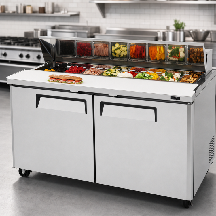 Product image #4 for Turbo Air M3 Series Two-Section Sandwich/Salad Prep Table Refrigerator, 60-1/4 Inch Wide, 16-Pan Top
