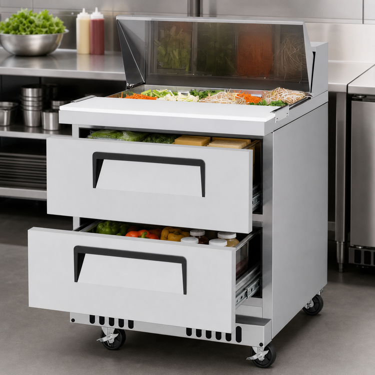 Product image #4 for Turbo Air Super Deluxe 27-1/2-Inch Front Breathing One-Section Sandwich/Salad Prep Table with 2 Drawers and 8 Sixth-Size Pan Top