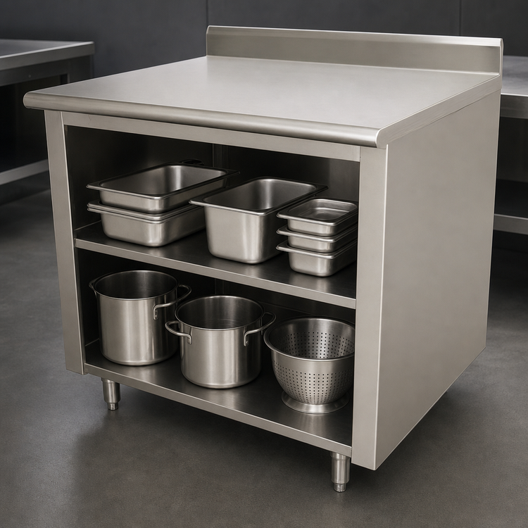 Product image #4 for Advance Tabco EK-SS-3012M 144-Inch x 30-Inch Stainless Steel Work Table with Open Front Cabinet Base, Mid-Shelf, and 5-Inch Backsplash