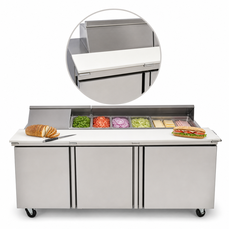 Product image #4 for Delfield Mega Top Three-Section Sandwich/Salad Prep Refrigerator, 72 Inch, 3-Door, Rear-Mounted Self-Contained R290