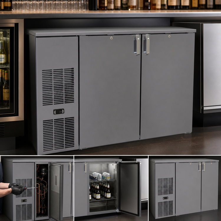 Product image #4 for Glastender 52-Inch Shallow-Depth Front-Serviced Back Bar Cooler, Two-Section, Solid Door