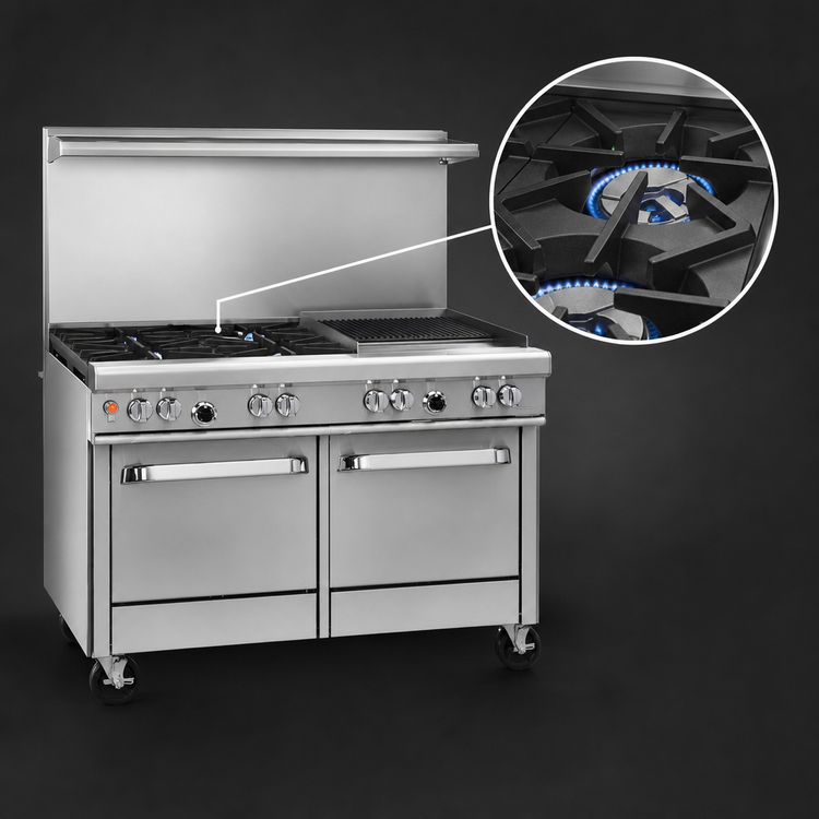 Product image #4 for Southbend Ultimate 48-Inch Gas Restaurant Range with 2 Star/Sauté Burners, 36-Inch Charbroiler, Convection Oven, and Cabinet Base