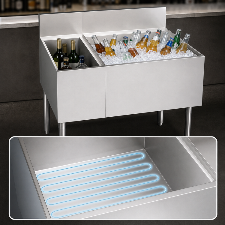 Product image #4 for Krowne Royal Series Underbar Multi-Station Bar Ice Bin with Bottle Well, Right Ice Bin, Left Bottle Storage, and 10-Circuit Cold Plate, 36 Inch Wide