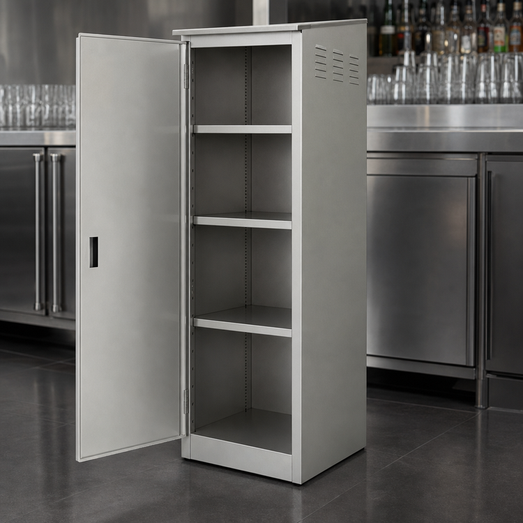 Product image #4 for Advance Tabco CAB-4-300 Free Standing Stainless Steel Underbar Storage Cabinet with Left-Hinged Door and 4 Shelves