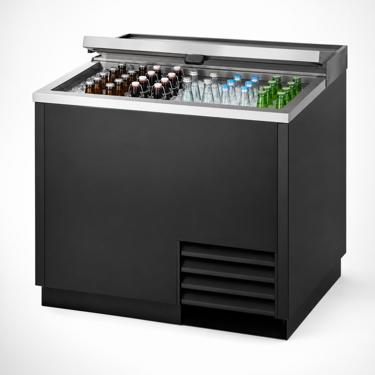 Product image #4 for True 36-Inch Flat Top Bottle Cooler with Stainless Steel Countertop, 1 Lid, and Black Exterior