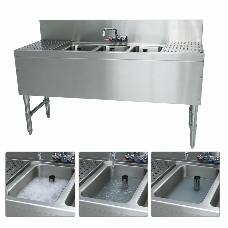 Product image #4 for Advance Tabco Prestige 3-Compartment Stainless Steel Underbar Sink Unit with Dual Drainboards and Splash Mount Faucet, 60-Inch