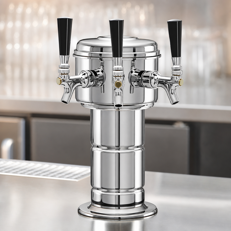 Product image #4 for Glastender Mini Mushroom 3-Faucet Countertop Draft Dispensing Tower, Mirror Finish Stainless Steel, Air Cooled