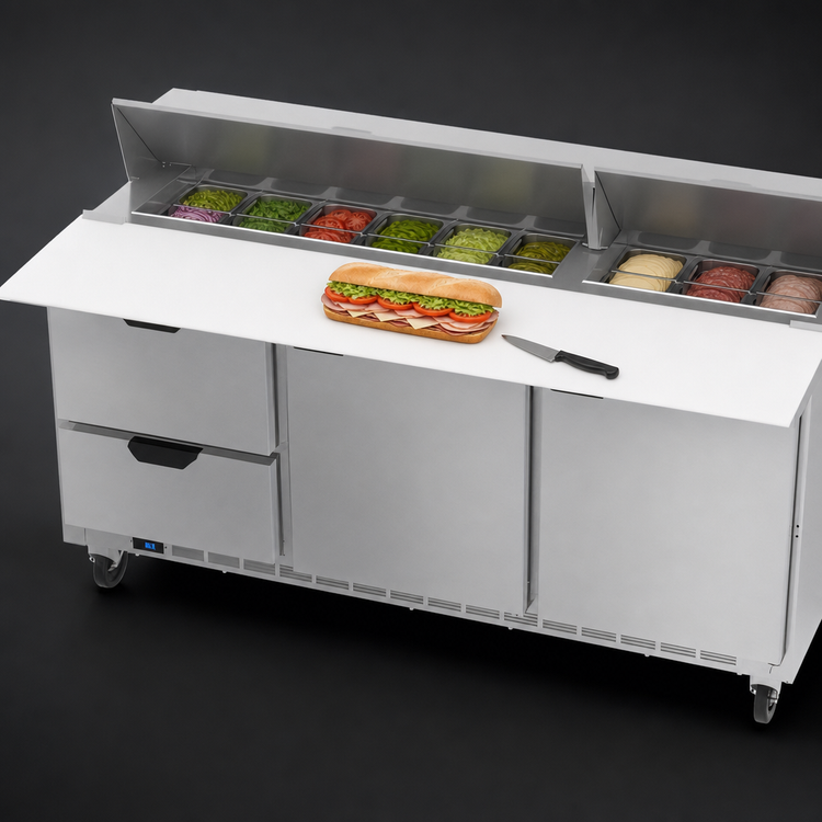 Product image #5 for Beverage-Air 72-Inch Three-Section Sandwich Prep Table with 18-Pan Top, Doors, Drawers, and 17-Inch Cutting Board