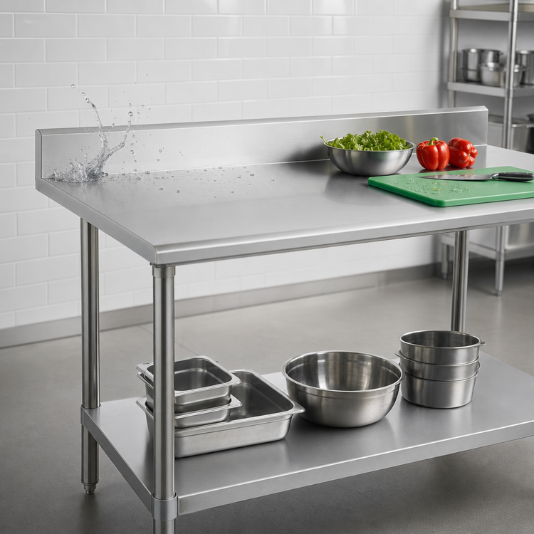 Product image #4 for Advance Tabco SKG-3612 16-Gauge 430 Stainless Steel Work Table with 5-Inch Backsplash and Adjustable Undershelf, 144 x 36 Inches