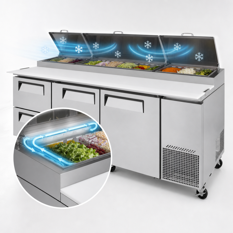 Product image #4 for Turbo Air Super Deluxe 93-Inch Three-Section Pizza Prep Table, 31 Cu. Ft., 2 Doors, 2 Drawers, Self-Cleaning Condenser