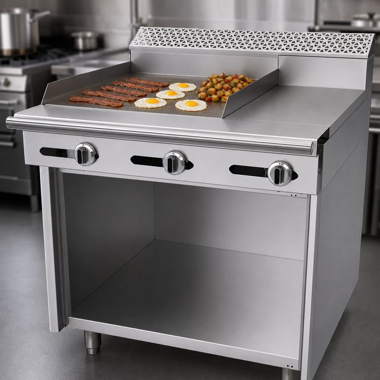 Product image #4 for Garland Cuisine Series 36-Inch Gas Heavy Duty Combination Top Range with Thermostatic 24-Inch Griddle, 12-Inch Hot Top, and Storage Base