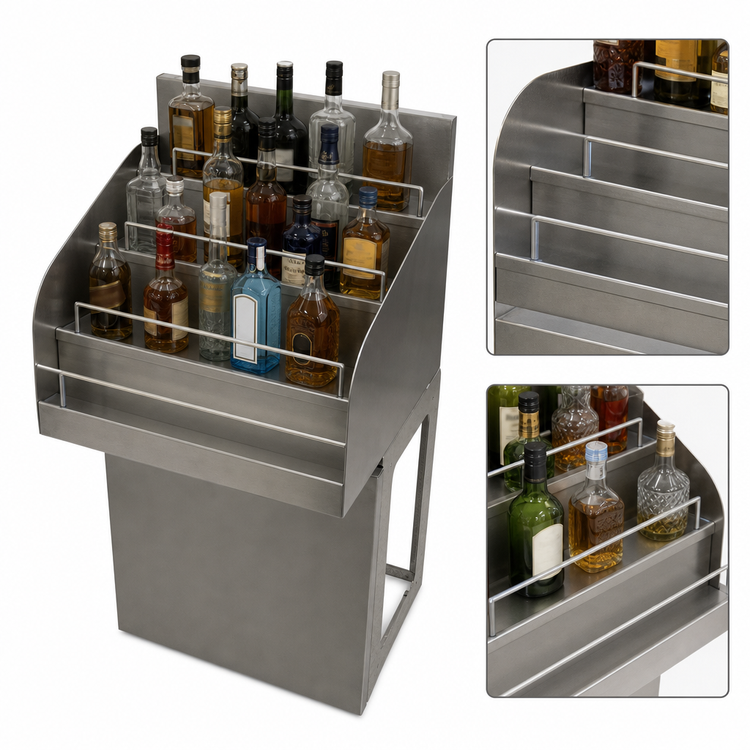 Product image #5 for BK Resources 12-Inch Wide x 18-1/4-Inch Deep Freestanding 4-Step Underbar Liquor Bottle Display, Stainless Steel, 13-Bottle Capacity