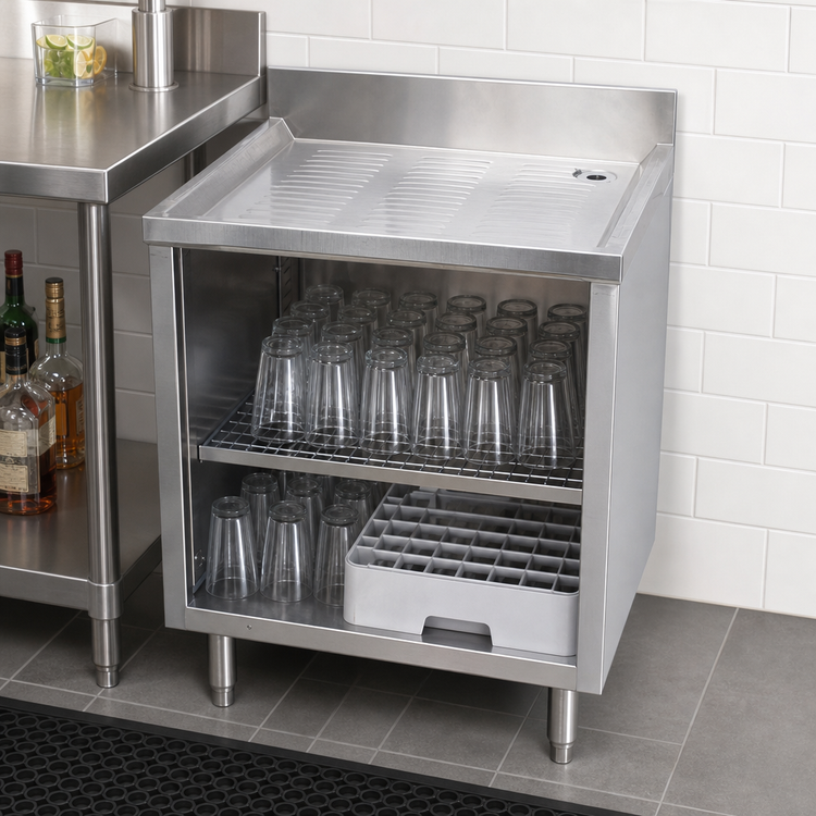 Product image #5 for BK Resources 24 Inch Underbar Glass Rack Unit with Drainboard Top and Open Front Base