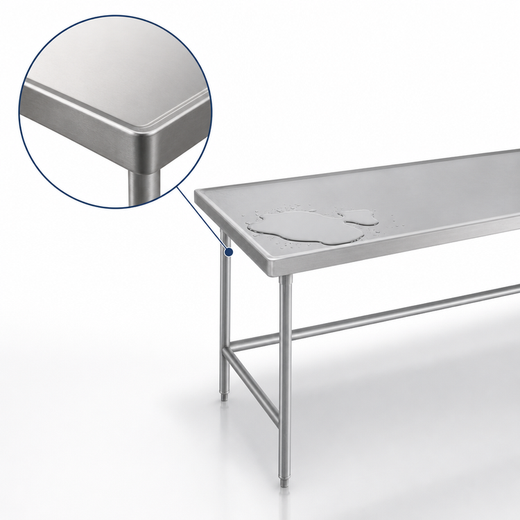Product image #4 for Advance Tabco 84-Inch x 30-Inch 14-Gauge 304 Stainless Steel Work Table with Countertop Non-Drip Edge and Galvanized Open Base