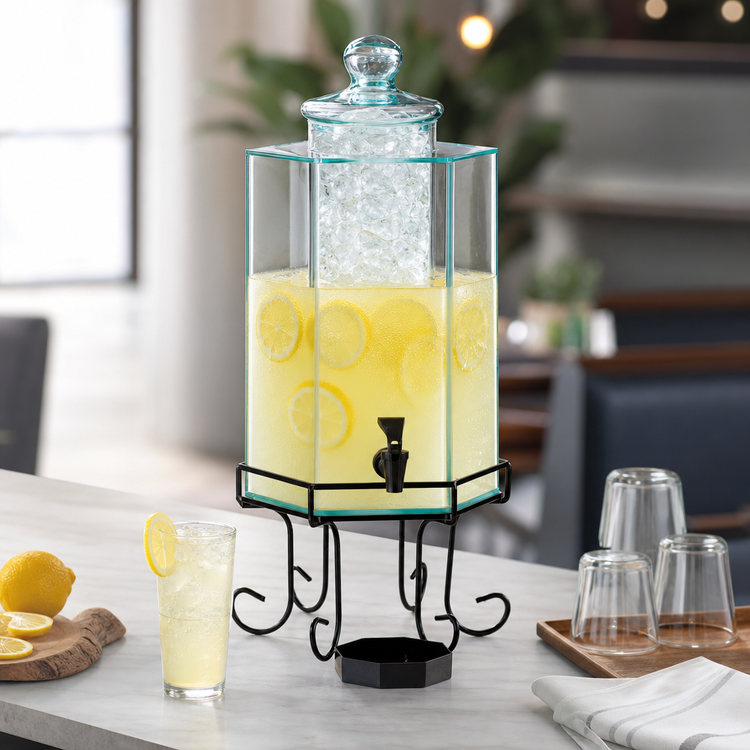 Product image #4 for Cal-Mil Iron Collection 2 Gallon Hexagon Glass Beverage Dispenser with Ice Chamber and Drip Tray