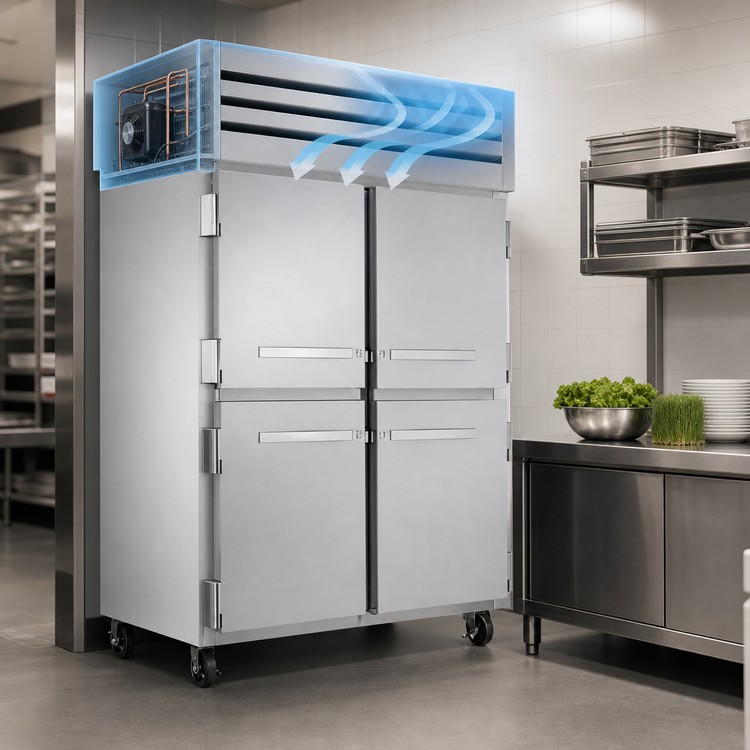 Product image #4 for True Spec Series 2-Section Pass-Thru Reach-In Refrigerator with 4 Half Front Doors and 2 Rear Swing Doors, Top-Mounted Self-Contained Refrigeration