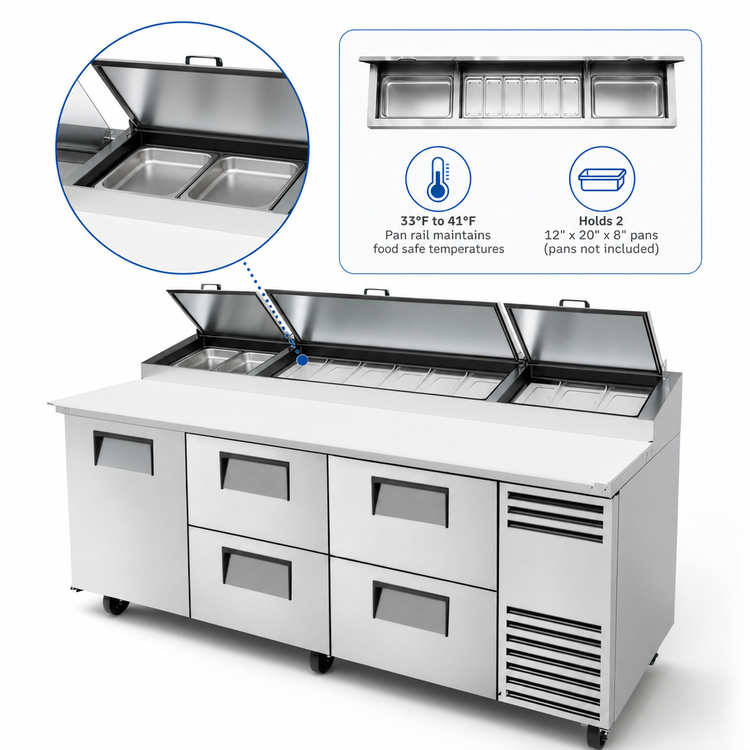 Product image #4 for True 93.5-Inch Self-Contained Refrigerated Pizza Prep Table with 1 Door and 4 Drawers