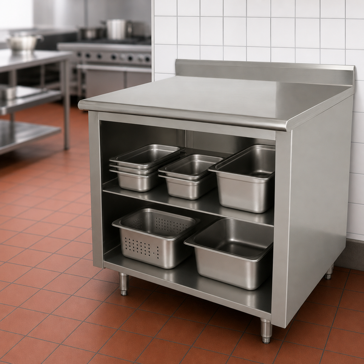 Product image #4 for Advance Tabco 36" x 30" 14-Gauge 304 Stainless Steel Work Table with Open Front Cabinet Base, Mid-Shelf, and 5" Backsplash