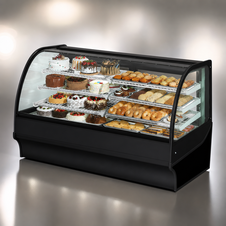 Product image #5 for True Dual Zone Curved Glass Glass-End Full Service Display Merchandiser, 77-1/4" Wide, Self-Contained Refrigeration, Black Exterior/White Interior
