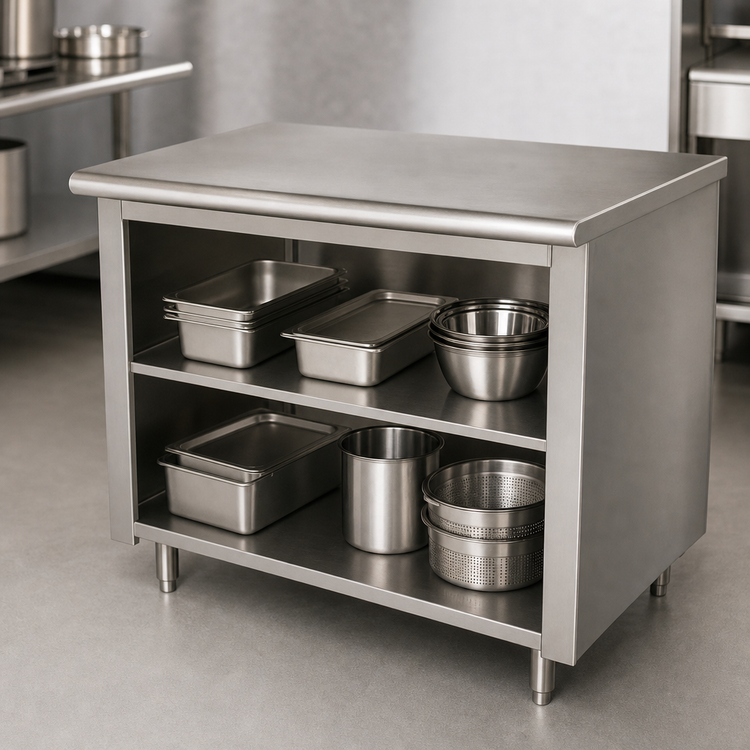 Product image #4 for Advance Tabco 48"W x 36"D Stainless Steel Work Table with Open Front Cabinet Base and Mid-Shelf