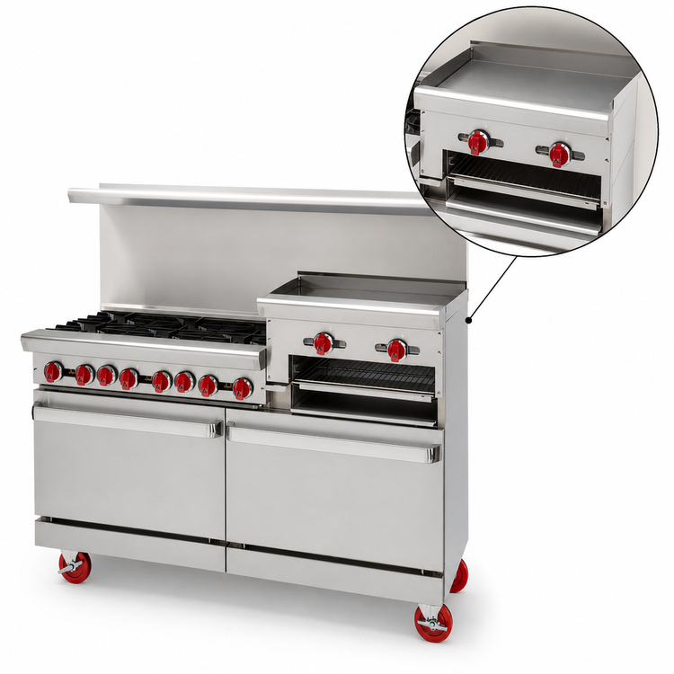 Product image #4 for American Range 60-Inch Gas Restaurant Range with 6 Open Burners, 24-Inch Raised Griddle/Broiler, Left Convection Oven, and Right Storage Base
