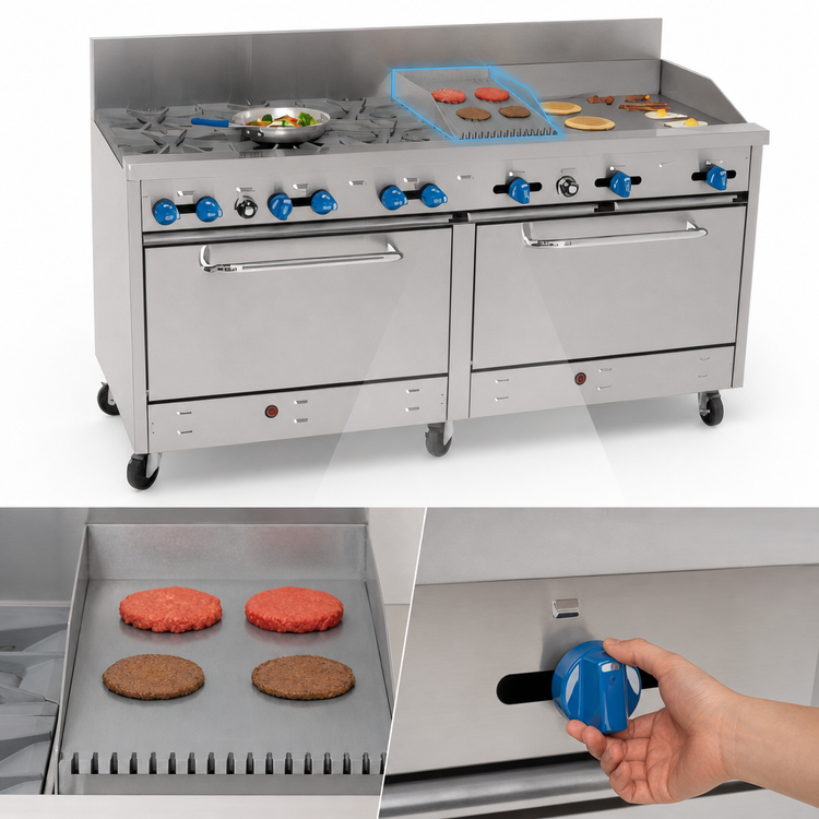 Product image #4 for Comstock-Castle 72 Inch Commercial Gas Range with 6 Open Burners, 18 Inch Griddle, 18 Inch Char-Broiler, and 2 Extra-Wide Ovens