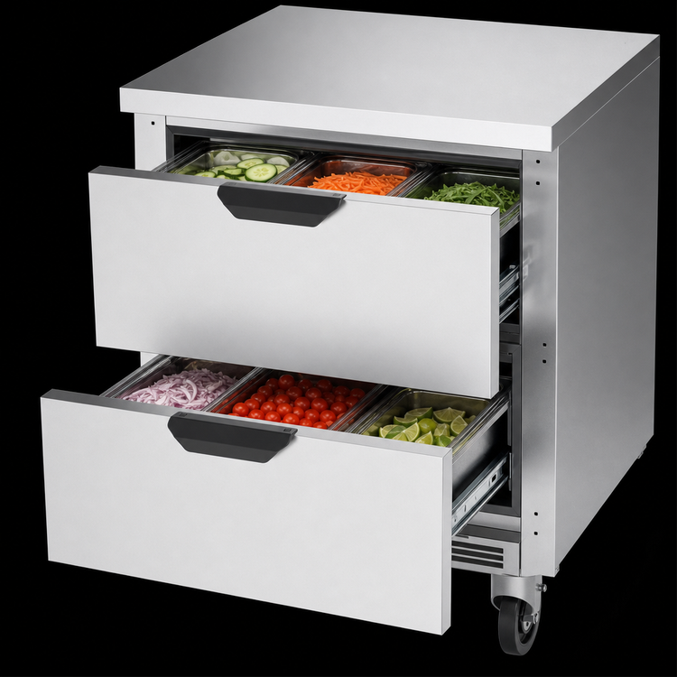 Product image #4 for Beverage-Air 27-Inch One-Section Worktop Refrigerator with 2 Drawers, Flat Top